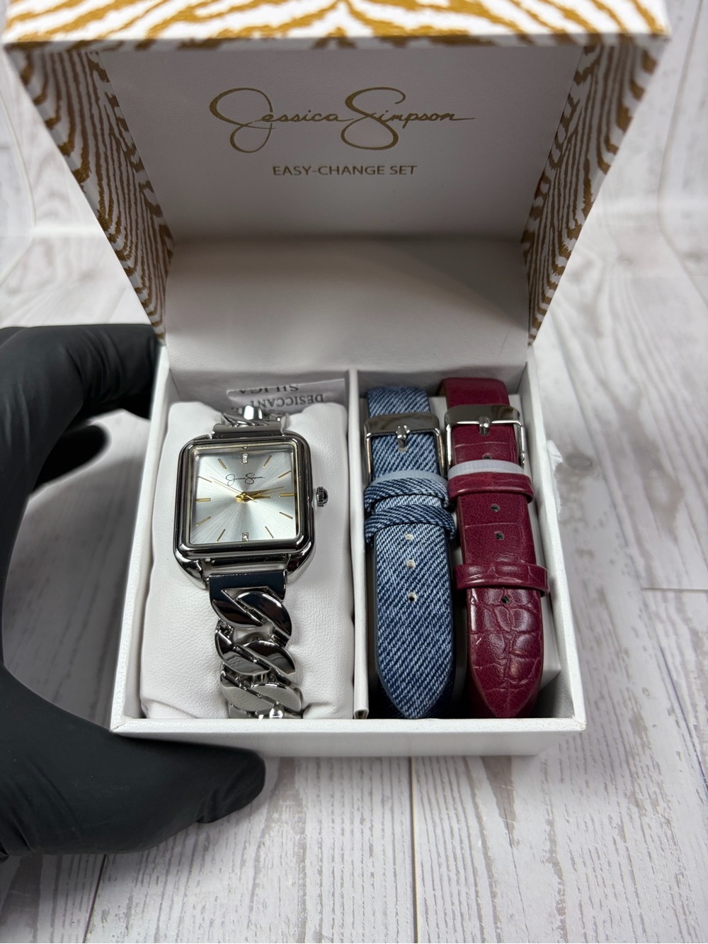 Jessica Simpson Silver Square Watch with Blue Fabric and Burgundy Straps